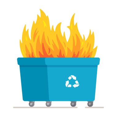 Vector illustration of bin fire. Large blue recycling bin fire on white background.  Failure to follow safety rules. Consequence. Garbage drop off.Consequence of safety violations. Natural disaster. Cataclysm. Burning garbage can. 