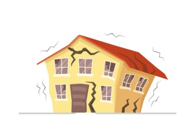 Vector illustration of home earthquakes. Concept on white background of earthquake effects. Yellow earthquake sprayed house isolated on white background.  clipart