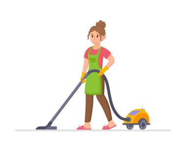 Vector illustration of hoovering housewife. Woman vacuuming house. Young woman in apron holding vacuum cleaner. Young woman cleaning with a vacuum cleaner.