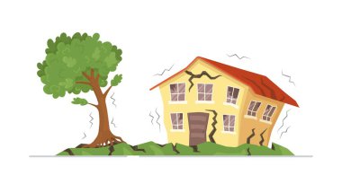 Vector illustration of house earthquakes. Concept on white background of earthquake effects. Broken trees, sprayed house, strong wind.