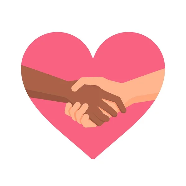私たちは同じ色を主張します 握手のベクトルイラスト 人種差別だ ピンクのハートの人間の手 — ストックベクタ