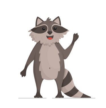 Beyaz arka planda izole edilmiş şirin bir rakun. Gri kürklü vahşi bir hayvan. Güzel, tüylü, gri bir hayvanın vektör çizimi.