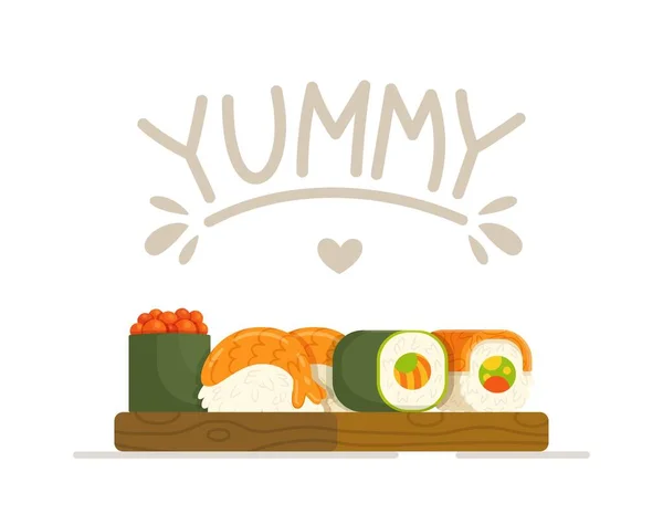 Vector Illustration Different Sushi Rolls Board Asian Cuisine Yummy Delicious — Vettoriale Stock