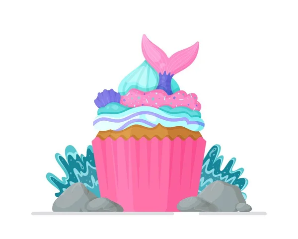 Cupcake Lumineux Avec Une Queue Sirène Illustration Vectorielle Cuisson Maison — Image vectorielle