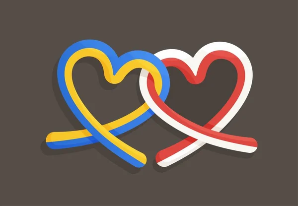 Дружба Между Украиной Польшей Векторная Иллюстрация Сердечных Лент Флагами Польши — стоковый вектор