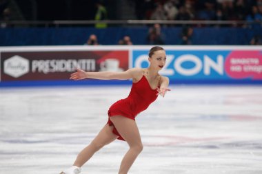 Saint Petersburg, Rusya - 25 Aralık 2021: Rus milli takımı 2022 Artistik Patinaj. Çiftler, Serbest Paten. Aleksandra Boikova, Dmitrii Kozlovskii