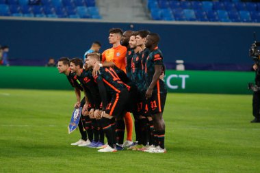 Saint Petersburg, Rusya - 8 Aralık 2021: Futbol, UEFA Şampiyonlar Ligi. H. Zenit grubu Chelsea 'ye karşı. Oyuncular Romelu Lukaku, Timo Werner,  