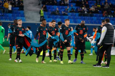 Saint Petersburg, Rusya - 8 Aralık 2021: Futbol, UEFA Şampiyonlar Ligi. H. Zenit grubu Chelsea 'ye karşı. Oyuncular Romelu Lukaku, Timo Werner