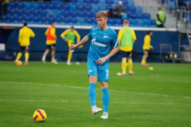 Saint Petersburg, Rusya - 03 Aralık 2021: Futbol. Rusya Premier Ligi 2021-2022. Zenit Futbol Kulübü - Rostov. Futbol kulübü Dmitry Chistyakov 'un oyuncusu