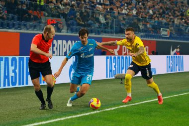 Saint Petersburg, Rusya - 03 Aralık 2021: Futbol. Rusya Premier Ligi 2021-2022. Zenit Futbol Kulübü - Rostov. Futbol kulübü Alexander Erokhin 'in oyuncusu.