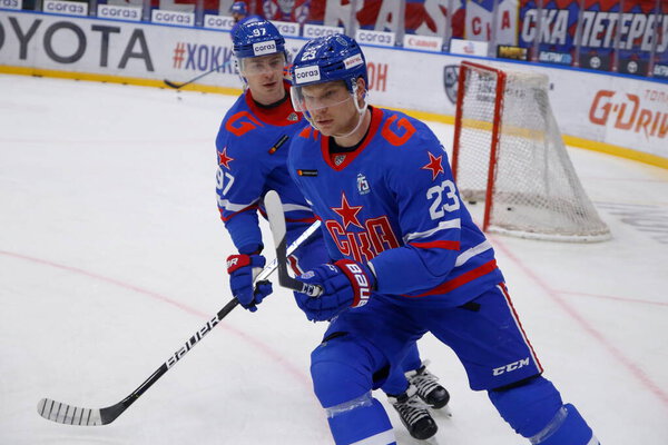 Nikita Gusev (L), Jonas Kemppainen (R) of SKA Saint Petersburg seen in action during the 2021-22 KHL Regular season of the Kontinental Hockey League between SKA Saint Petersburg and CSKA Moscow at the Ice Sports Palace