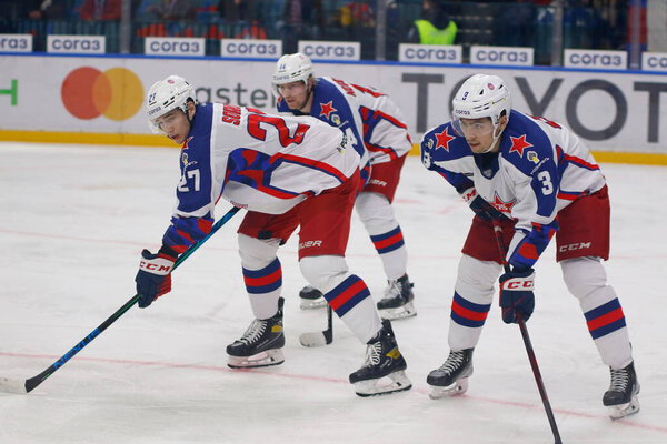 Maxim Sorokin (L), John Gilmour (R) of CSKA Moscow seen in action during the 2021-22 KHL Regular season of the Kontinental Hockey League between SKA Saint Petersburg and CSKA Moscow at the Ice Sports Palace