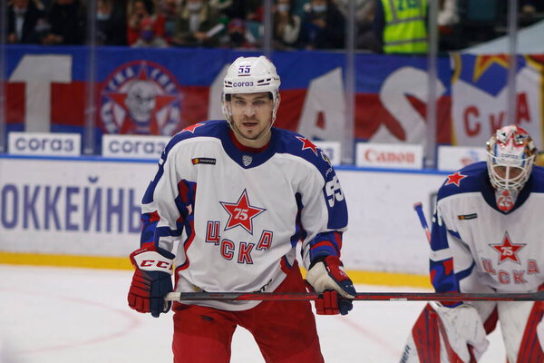 Bogdan Kiselevich  (55) of CSKA Moscow seen in action during the 2021-22 KHL Regular season of the Kontinental Hockey League between SKA Saint Petersburg and CSKA Moscow at the Ice Sports Palace