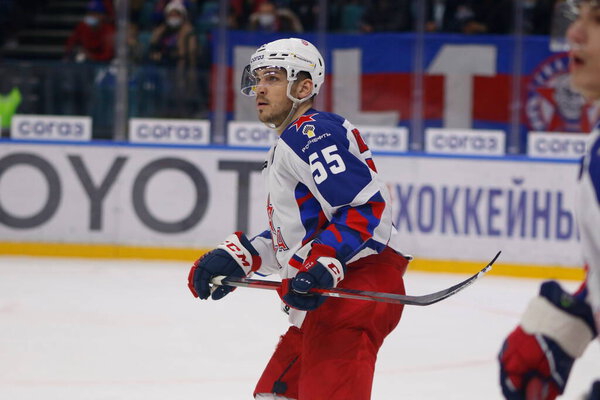 Bogdan Kiselevich  (55) of CSKA Moscow seen in action during the 2021-22 KHL Regular season of the Kontinental Hockey League between SKA Saint Petersburg and CSKA Moscow at the Ice Sports Palace