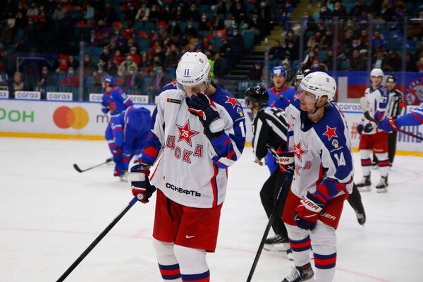 Sergei Andronov (11), Joakim Nordstrom (14) of CSKA Moscow seen in action during the 2021-22 KHL Regular season of the Kontinental Hockey League between SKA Saint Petersburg and CSKA Moscow at the Ice Sports Palace