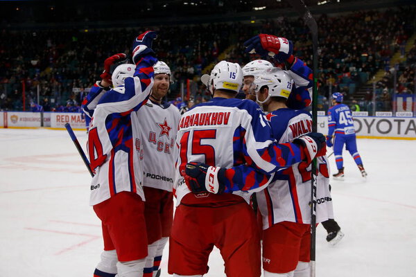 Pavel Karnaukhov (15) of CSKA Moscow seen in action during the 2021-22 KHL Regular season of the Kontinental Hockey League between SKA Saint Petersburg and CSKA Moscow at the Ice Sports Palace
