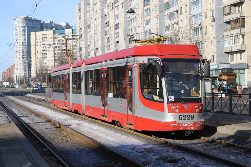 The tram follows the route No. 55 in Russia, in St. Petersburg during the sanctions.