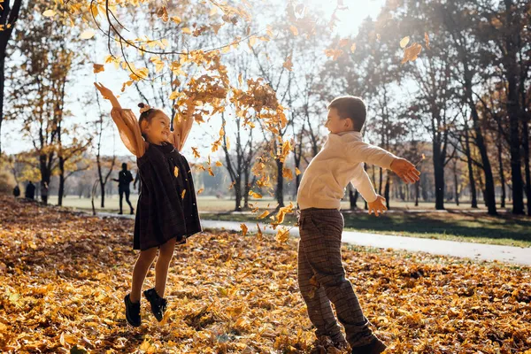 子供たちは暖かい秋の日に公園で黄金の葉で遊んで それらを投げます 男の子と女の子は自然の中で楽しんで 屋外で — ストック写真