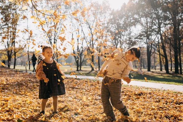 Children playing with golden leaves, in a park, on a warm autumn day, throwing them in the air, laughing.
