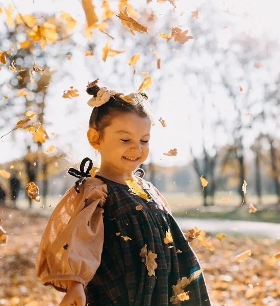 Маленькая Девочка Играет Золотыми Листьями Парке Теплый Осенний День Бросая — стоковое фото