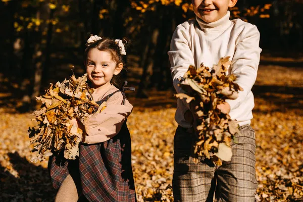 Дети Играют Парке Теплый Осенний День Держа Руках Желтые Листья — стоковое фото