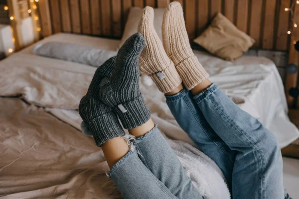 Closeup Two Women Feet Warm Wool Knitted Socks — Stock Photo, Image