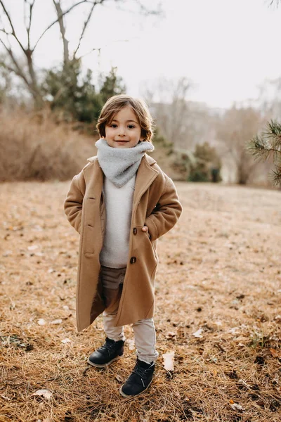 Petit Garçon Portant Manteau Laine Dans Parc Fin Automne Regardant — Photo