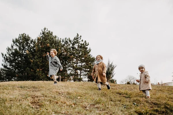 Children Running Smiling Spending Time Outdoors Park Autumn Day — Stockfoto