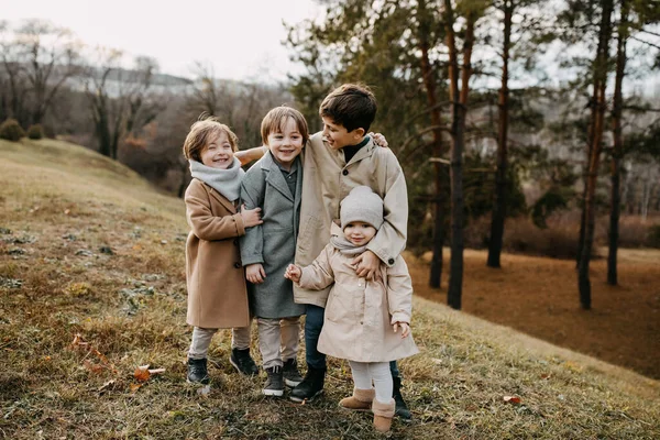 Children Hugging Smiling Spending Time Outdoors Park Autumn Day — Stock Photo, Image