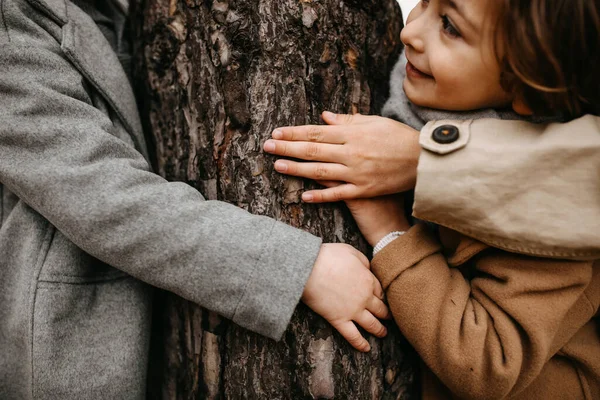 Closeup of children hands hugging a tree in a forest on autumn day.