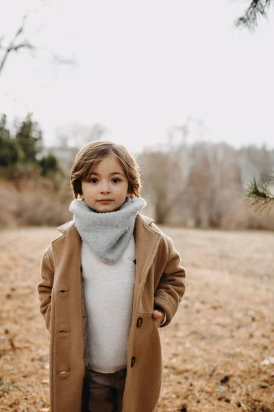 Little Boy Wearing Wool Coat Park Late Autumn Day Looking — Stockfoto