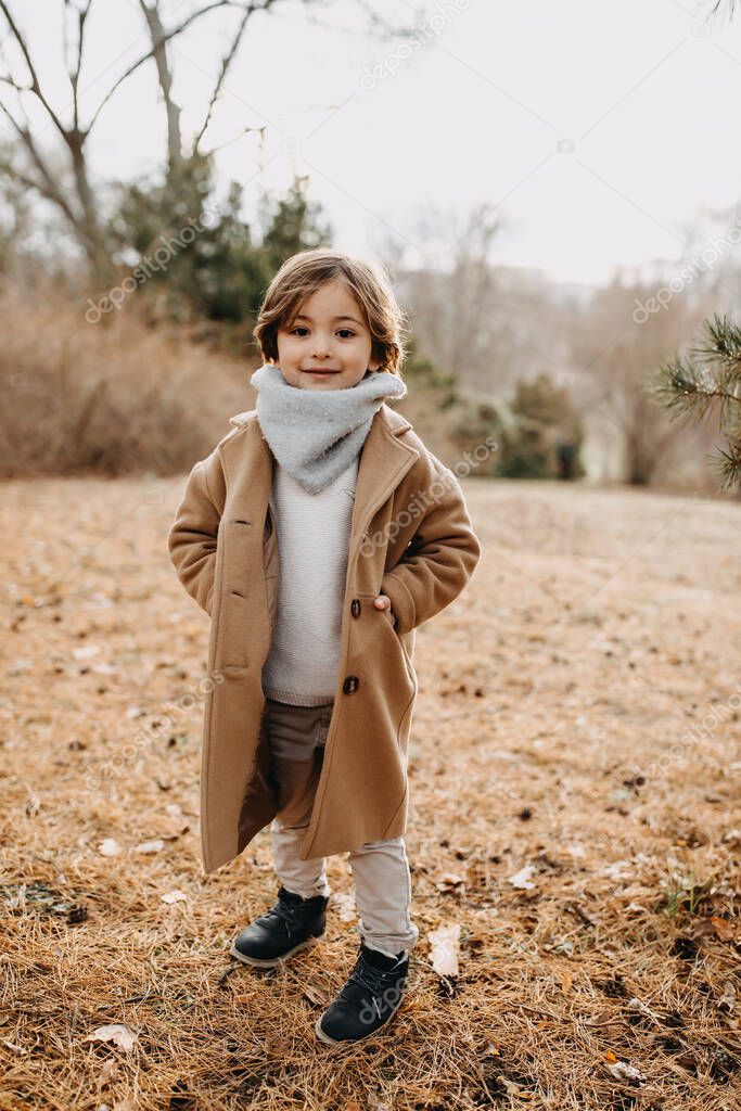 Little boy wearing a wool coat in a park on late autumn day, looking at camera, smiling.