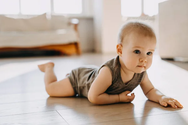 Miesięcy Dziecko Czołga Się Podłodze Domu — Zdjęcie stockowe