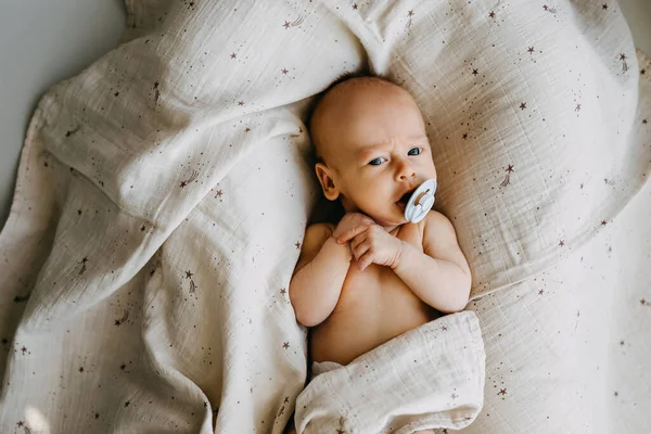 Bebê Recém Nascido Com Uma Chupeta Deitado Ninho Bebê Vista — Fotografia de Stock