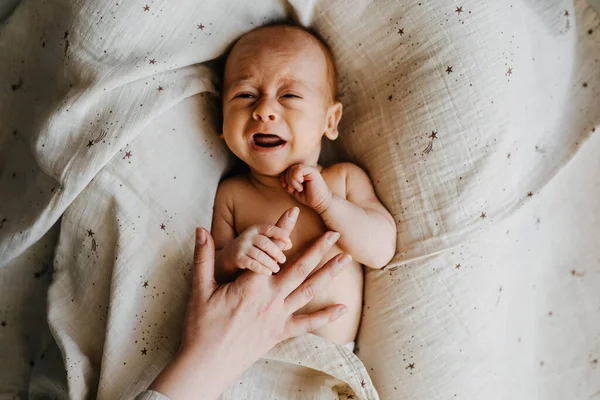 Νεογνό Μωρό Κλαίει Ξαπλωμένο Στη Φωλιά Του Μωρού Θέα Στην — Φωτογραφία Αρχείου