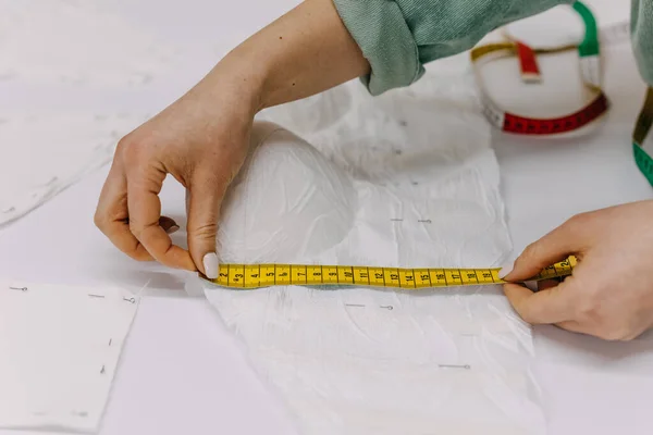 Tailor Working Process Taking Measurements Dress Details Her Studio — Stock Photo, Image