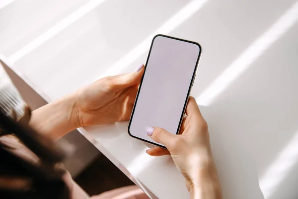 Closeup Woman Holding Smartphone Blank White Screen — Stock Photo, Image