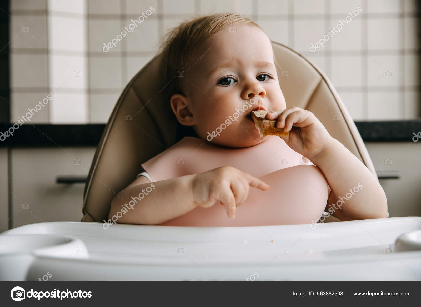 Months Old Baby Sitting High Chair Silicone Bib Eating Bread Stock