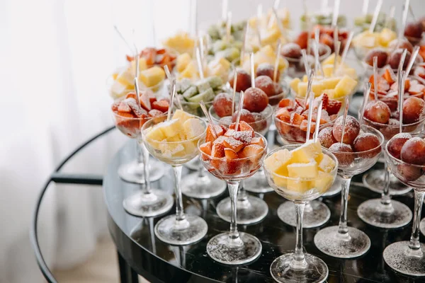 Various Fresh Fruits Berries Glasses Party Reception Healthy Dessert Concept — Stock Photo, Image