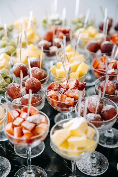 Various Fresh Fruits Berries Glasses Party Reception — Stock Photo, Image
