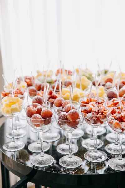 Various Fresh Fruits Berries Glasses Party Reception Healthy Dessert Concept — Stock Photo, Image