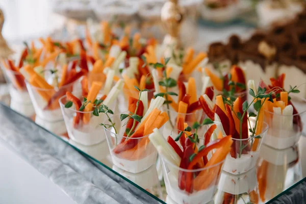 Various Fresh Vegetables Glasses Party Reception Healthy Snack Concept — Stock Photo, Image