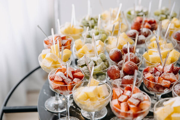 Various Fresh Fruits Berries Glasses Party Reception Healthy Dessert Concept Stock Image