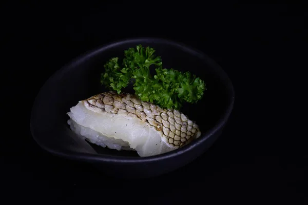 Comida Tradicional Japonesa Tampo Camarão Fresco Arroz Fundo Preto — Fotografia de Stock