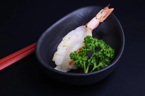 Nourriture Japonaise Traditionnelle Top Crevettes Fraîches Sur Riz Ebi Nigiri — Photo