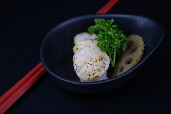 Cucina Giapponese Tradizionale Cima Capesante Riso Hotate Nigiri Sushi Sfondo — Foto Stock