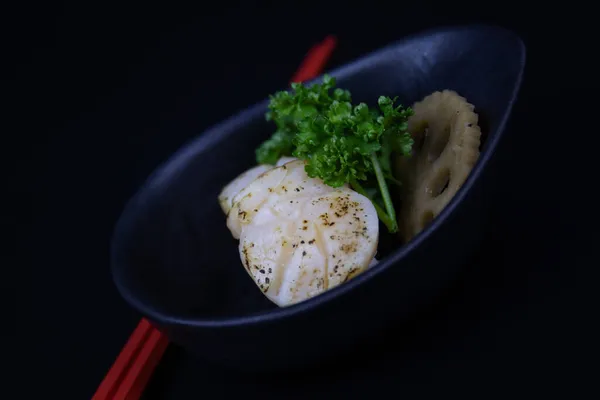 Cucina Giapponese Tradizionale Cima Capesante Riso Hotate Nigiri Sushi Sfondo — Foto Stock
