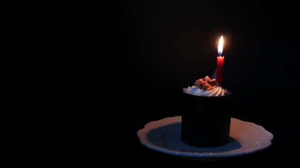 Birthday Cake Candle Light Black Background — Stock Video