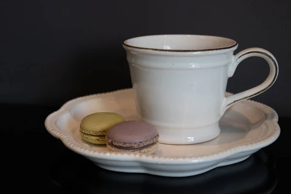 Traditional French Pastry Macaron Hot Coffee White Cup — Stock Photo, Image