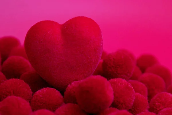 Red Heart Red Background Bedded Red Pom Pom — Stock Photo, Image